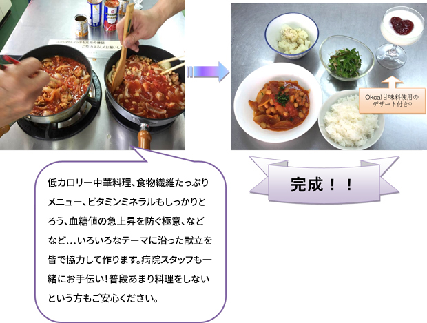 低カロリー中華料理、食物繊維たっぷりメニュー、ビタミンミネラルもしっかりとろう、血糖値の急上昇を防ぐ極意、などなど…いろいろなテーマに沿った献立を皆で協力して作ります。病院スタッフも一緒にお手伝い！普段あまり料理をしないという方もご安心ください。